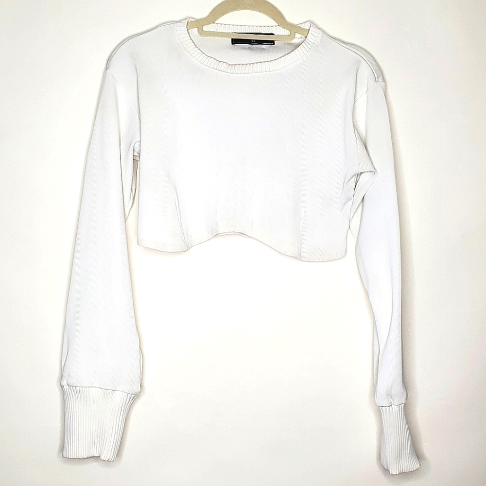 Maniere De Voir Ribbed Crop Top Size 16 White Long Sleeve Pullover Baddie Spring - Picture 12 of 12